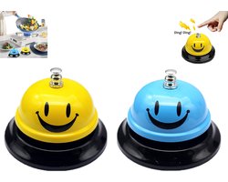 2 stuks - Belletje voor de serveerder - Bestelbel - Restaurantbel - Bel om op te roepen - Geel + blauw - Bel om op te roepen - 85 mm - Roestvrijstalen tafelbel - Restaurantservicebel - Handbel met smiley-patroon