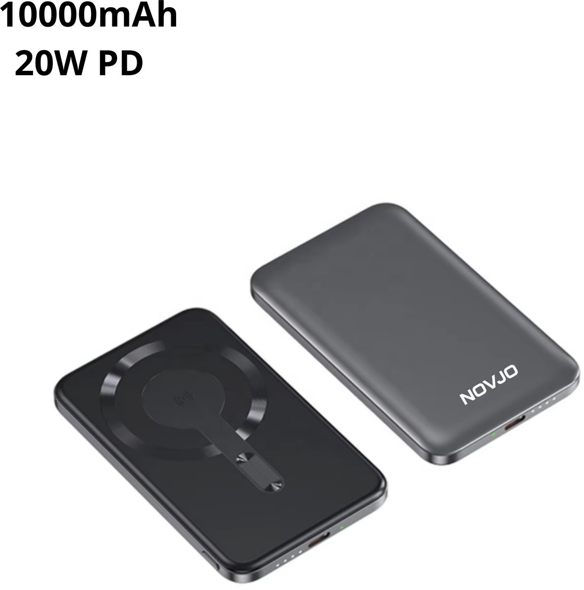 NOVJO® Y354 Powerbank 10000mAh – 20W PD Snellader – 15W Magnetisch Draadloos – Aluminium Behuizing – MagSafe Compatibel – Grijs