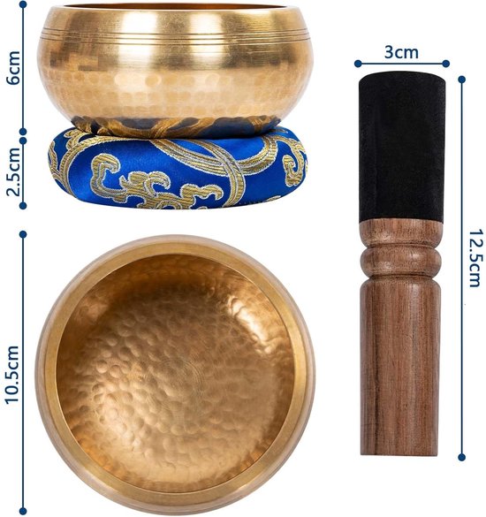 Grote Tibetaanse Klankschaal - Blauw - Klank schaal set uit Tibet - 11 cm - Inclusief Aanstrijkhout & Kussen - Meditatie, Yoga, Chakra - Klankschaalset - Singing bowl geschenkset met klopper van Merkloos — afbeelding 5
