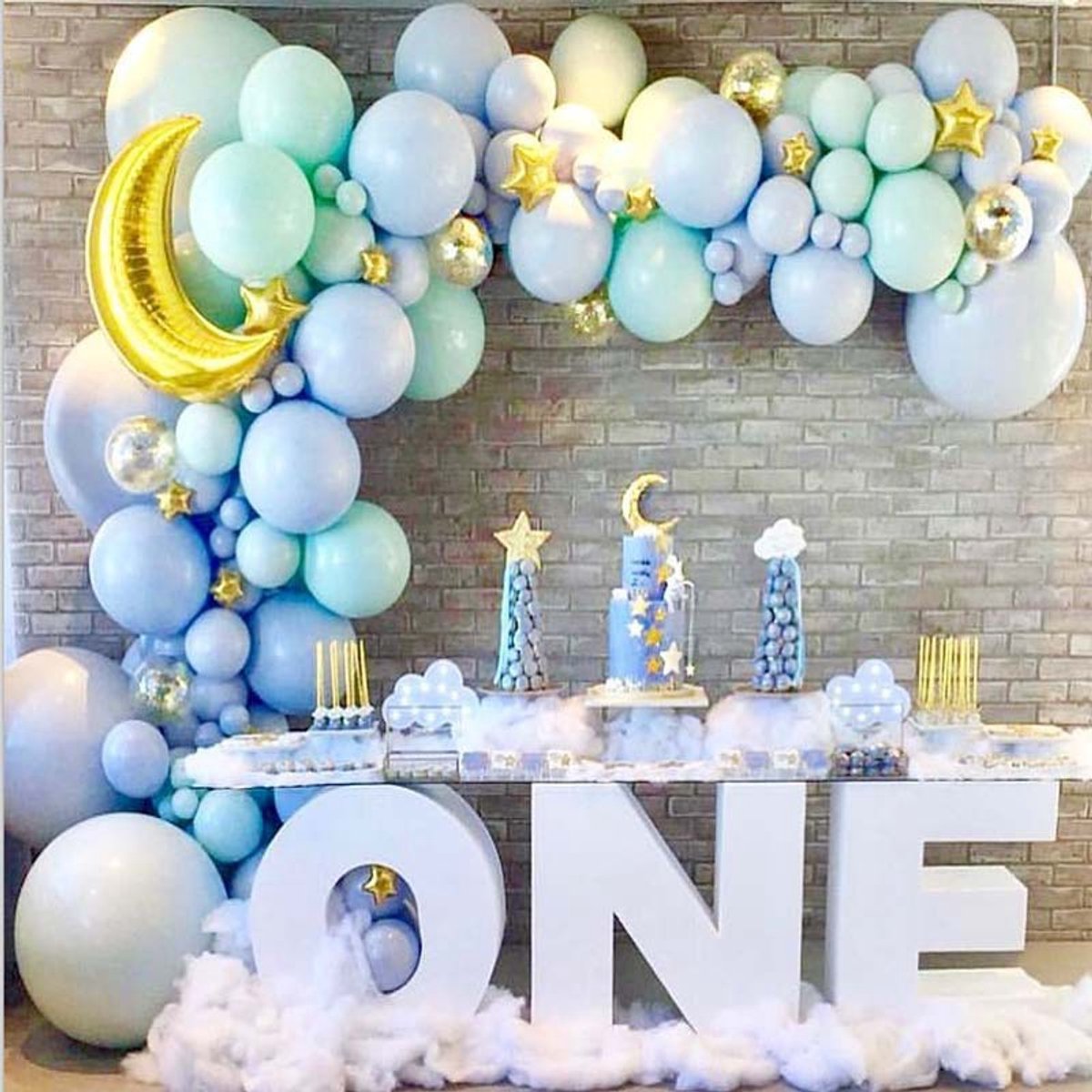 Ballonnenboog Set – 139-delig – Maan & Sterren Thema – Blauw & Mint met Gouden Accenten – Babyshower & Kinderfeest
