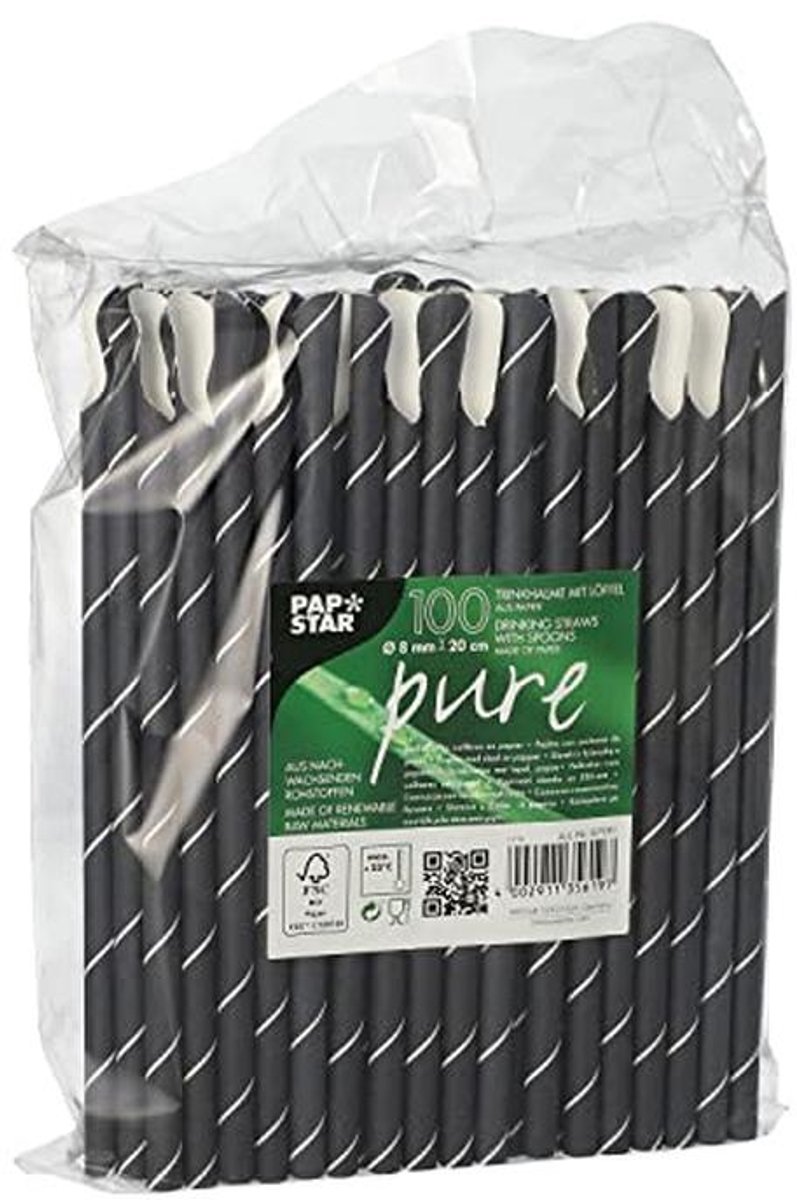 Papieren rietjes met lepel zwart/wit - 100 stuks - Ø 8 mm, 20 cm