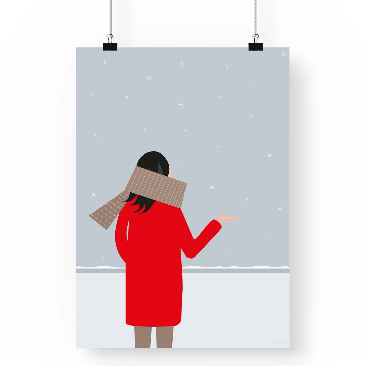 Artprint Sneeuw - Winterse illustratie in A4 formaat - Poster met meisje dat de eerste sneeuw opvangt
