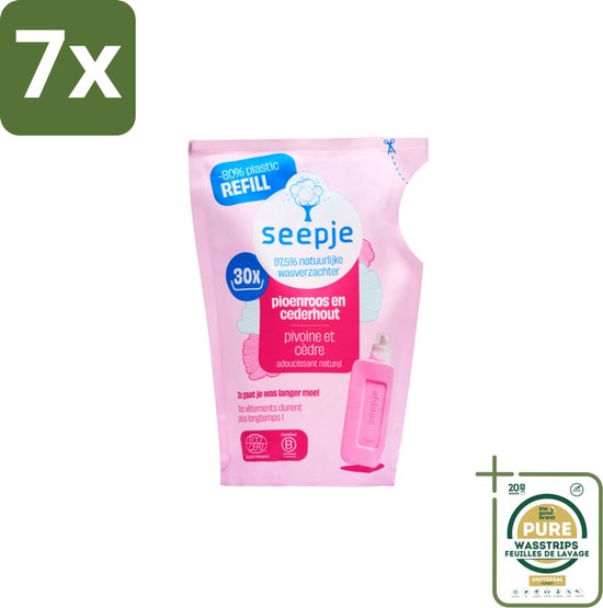 7 x Seepje - Wasverzachter - Duurzaam & Frisse Geur - Navulling - Pioenroos en Cederhout - 30 Wasbeurten - 750 ml - Grootverpakking - Wasverzachter - Natuurlijke Wasverzachter - Pioenroos - Cederhout - Frisse Geur