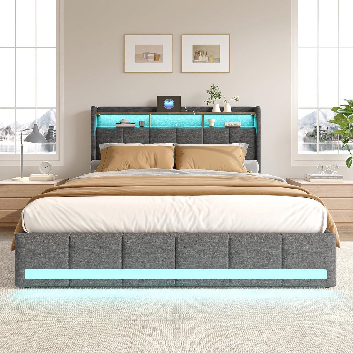 Gestoffeerd Bed 140 x 200 cm met Ledverlichting en Opbergruimte