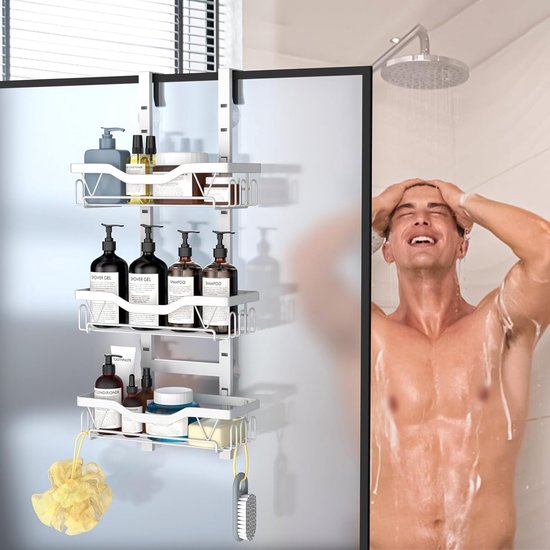 Étagère de Douche Suspendue 3 Niveaux, Étagère de Douche Suspendue en Acier Inoxydable, accessoires de salle de bain / Étagère de Douche Sans Perçage Pour porte vitrée Rangement Salle de Bain Shampoing et Gel Douche (Wit- 3 couches)