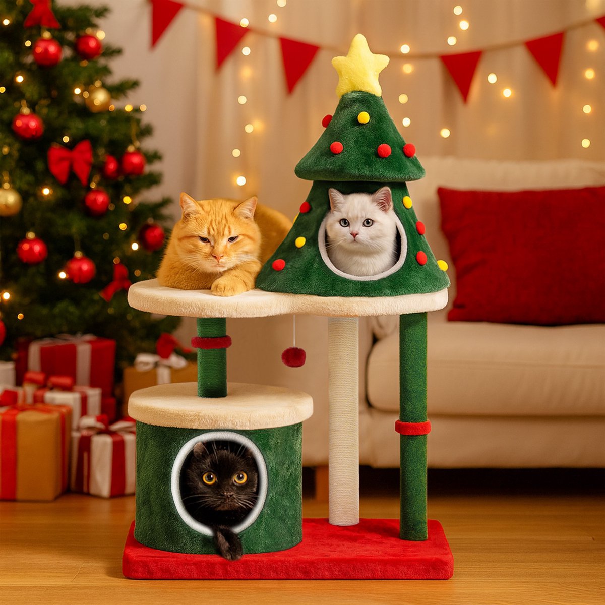 COMHOMA - Krabpaal Kerstboom Design - 120 cm Kattenboom met Platforms - Wit