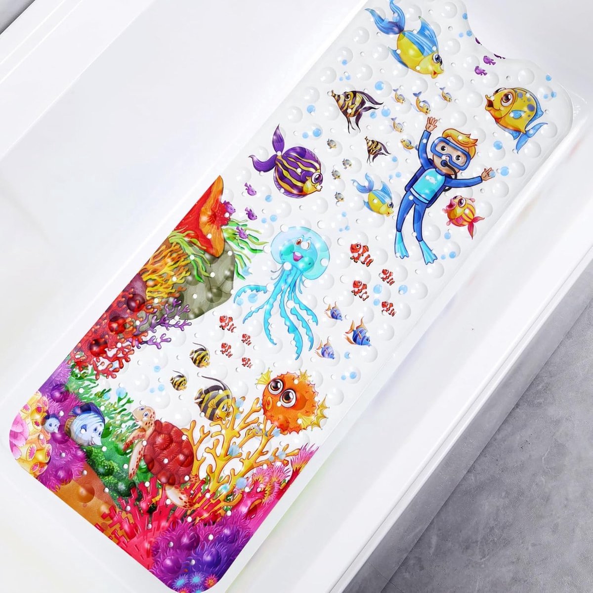 Stunq® Badkuipmat voor badkuip, 100 x 40 cm, antislip, cartoon, antislip badmat met zuignappen, machinewasbaar en BPA-vrij