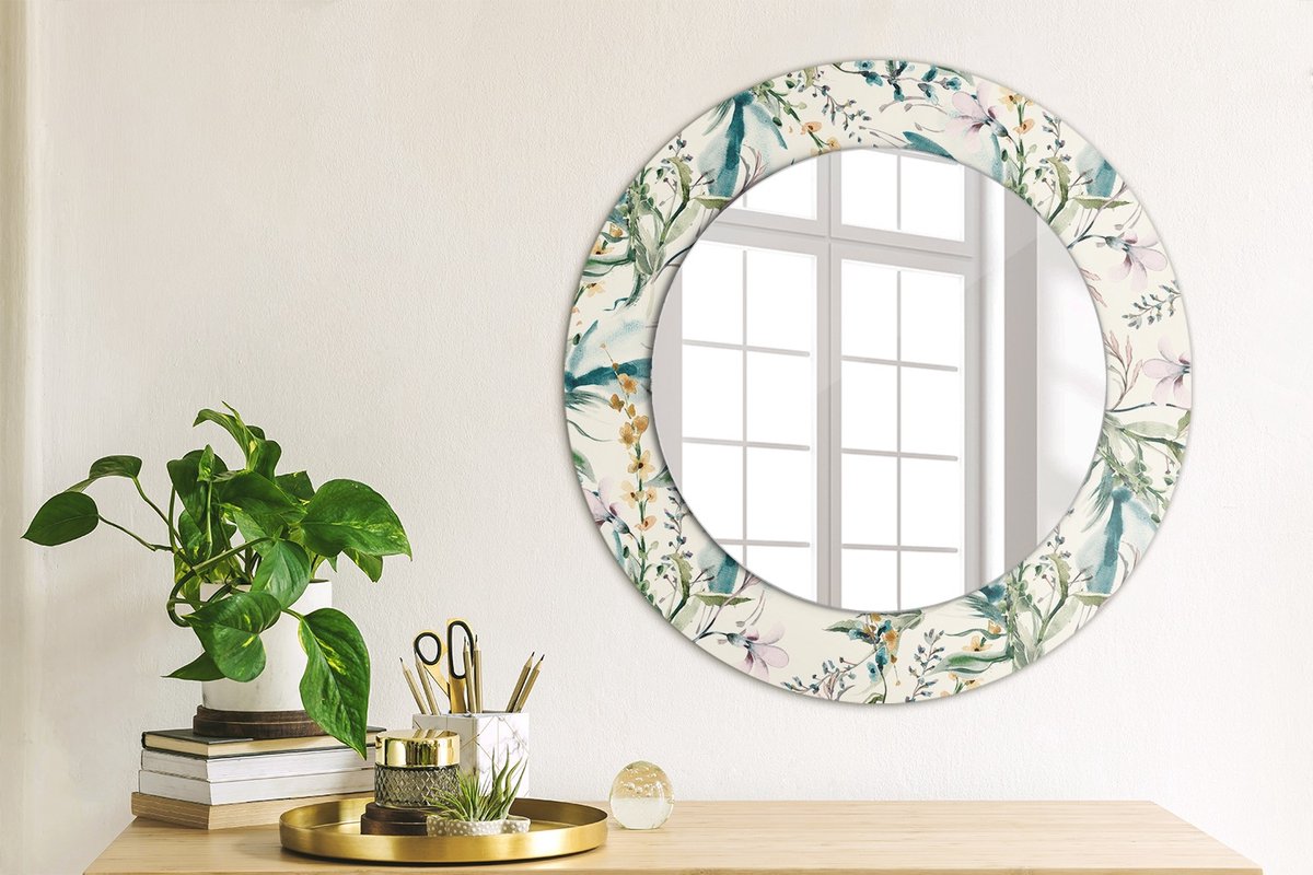 Coloray Bedrukte Spiegel - Aquarelbloemen Spiegel Met Print - 50 cm - Romig Bedrukte Spiegel - Spiegel Met Print - Wandspiegel Met Print - Wandspiegel Decoratieve Print
