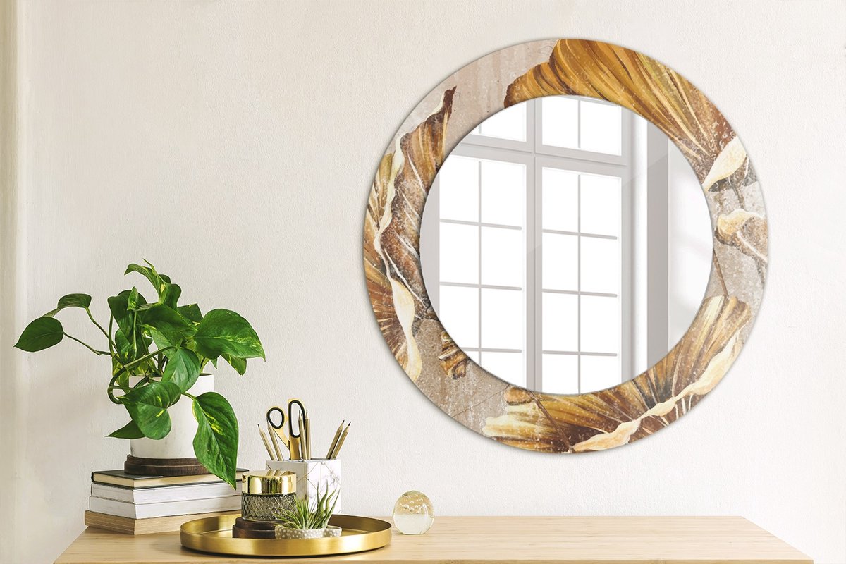 Coloray Bedrukte Spiegel - Boho bladeren Spiegel Met Bedrukte Lijst - 50 cm - Geel Bedrukte Spiegel - Spiegel Met Bedrukte Lijst - Spiegel Met Decoratie - Spiegel Lijst Met Print