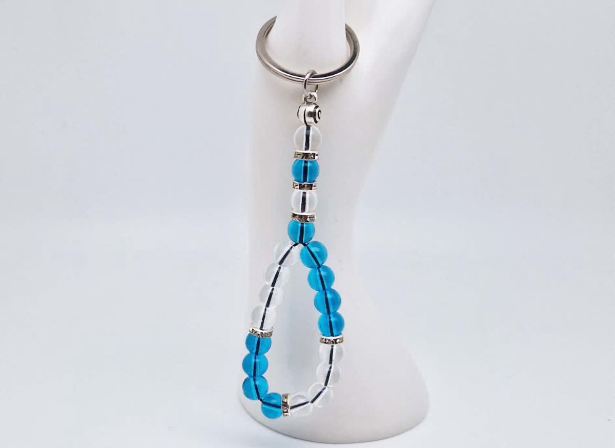 Handgemaakte Tasbih sleutelhanger van natuursteen "Bergkristal-Blauwe kwarts" en metaal - diameter kralen 8mm - Aantal stenen 20 - Een mooi cadeau-idee en een bijzonder aandenken