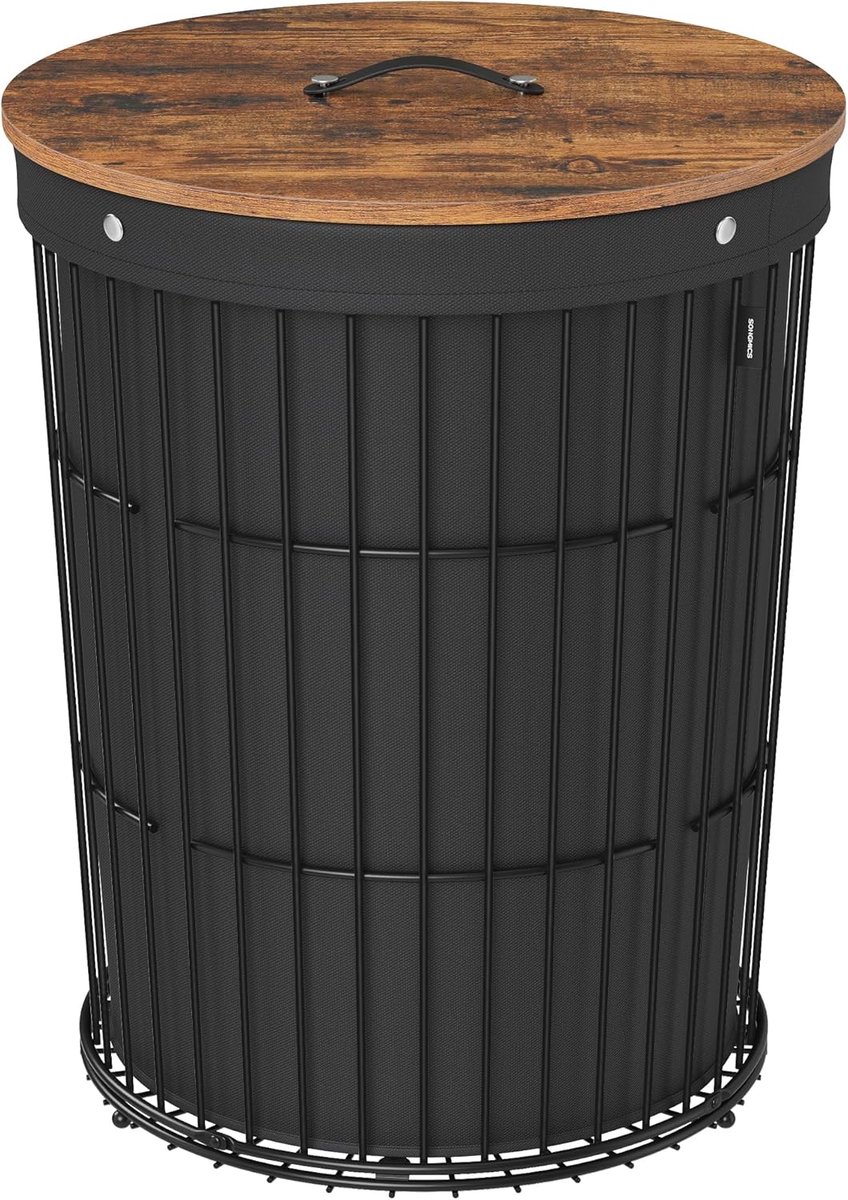 SONGMICS - Wasmand met deksel - ronde - 95 liter - hoogte 61 cm - zwart