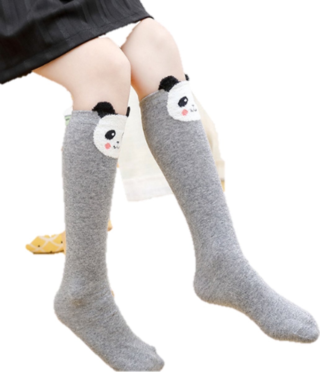 Kniekousen Meisjes – Lange Sokken Panda – Meisjessokken Katoen – Zachte & Comfortabele Sokken – Voor School & Dagelijks Gebruik – 6-12 Jaar – Grijs