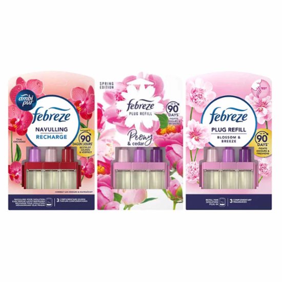 Recharges Ambi Pur / Febreze 3Volution 3 pièces Lot Économique - Orchidée Thaïlandaise, Pivoine & Cèdre, Fleur & Brise.