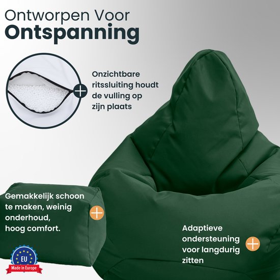 Donkergroene zitzak, opvulling met EPS-korrels, zacht polyester, gemaakt in Europa.
