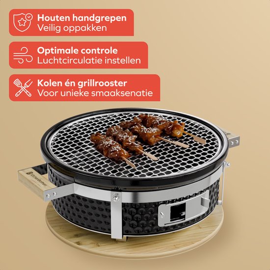 KitchenBrothers Kamado Hibachi Grill - BPA en PFAS Vrij - Houtskool Barbecue - Shichirin Tafelgrill - Ronde BBQ - Keramische Barbecue - Zwart van Merkloos — afbeelding 3