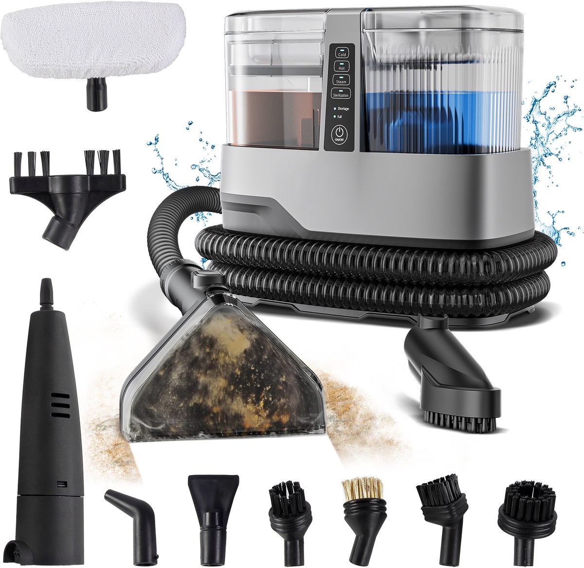EQ Tapijtreiniger PRO – 100° Stoomreiniger - 17.000 PA Zuigkracht – 11 opzetstukken - Heet & Koud Water Vlekkenreiniger - Bank Reiniger Machine – Meubelreiniger - Zetelreiniger