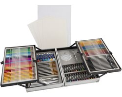 Nassau Fine Art Schilderskoffer Metaal 110pcs - Luxe Aluminium Tekenkoffer voor Beginners & Gevorderden - Kleurpotloden - Penselen - Schildersdoek - Acrylverf - Oliepastels - Paletmessen
