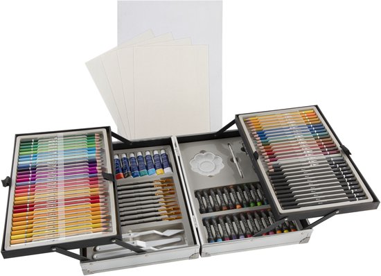 Nassau Fine Art Schilderskoffer Metaal 110pcs - Luxe Aluminium Tekenkoffer voor Beginners & Gevorderden - Kleurpotloden - Penselen - Schildersdoek - Acrylverf - Oliepastels - Paletmessen