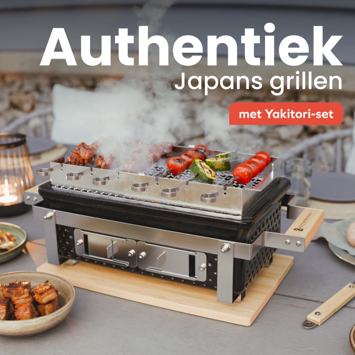 KitchenBrothers Kamado Hibachi Grill - Met Grillrek en Stokjes - Houtskool Barbecue - PFAS-vrij - Shichirin Tafelgrill - Rechthoekige BBQ - Keramische Barbecue - Zwart – foto 2