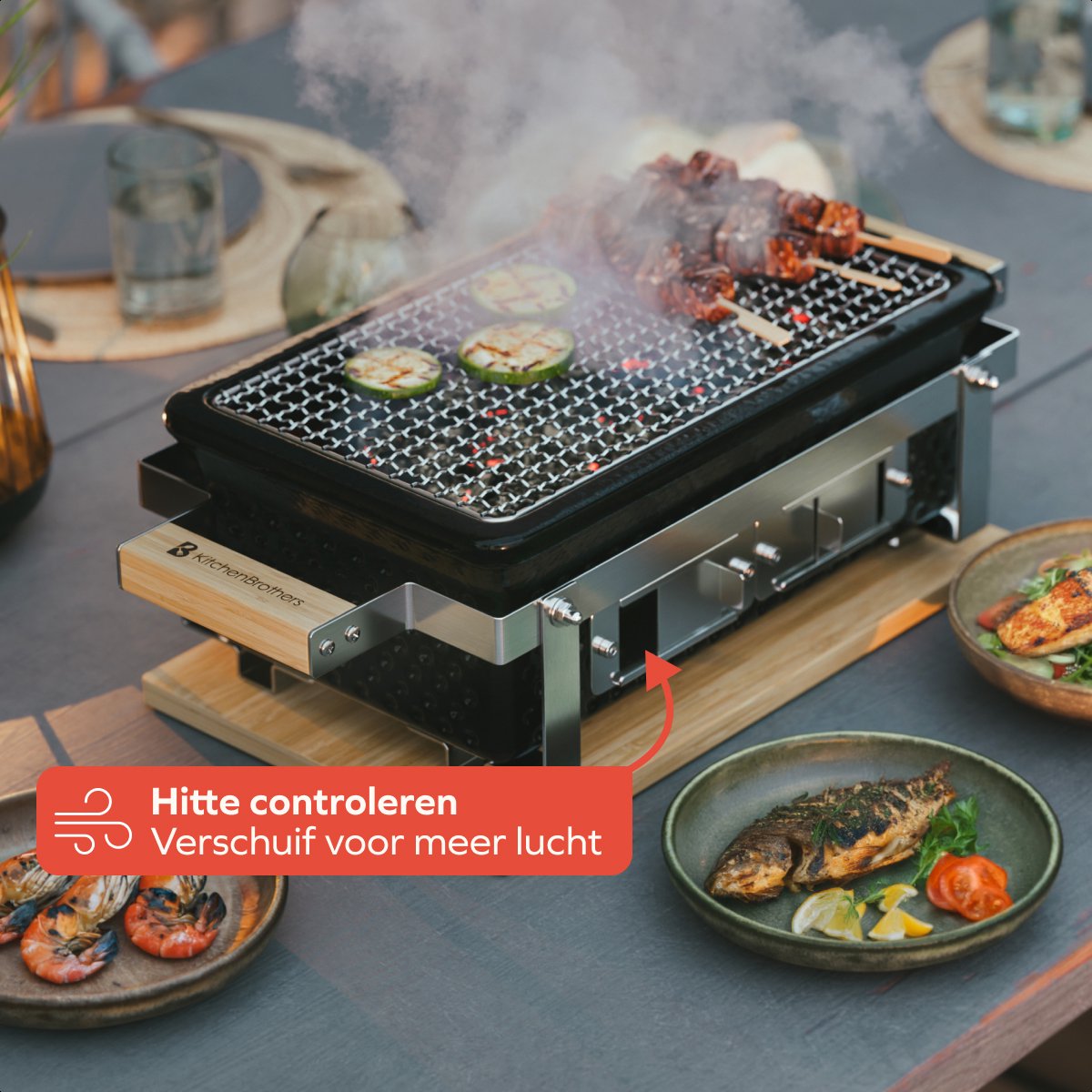 KitchenBrothers Kamado Hibachi Grill - Met Grillrek en Stokjes - Houtskool Barbecue - PFAS-vrij - Shichirin Tafelgrill - Rechthoekige BBQ - Keramische Barbecue - Zwart – foto 5