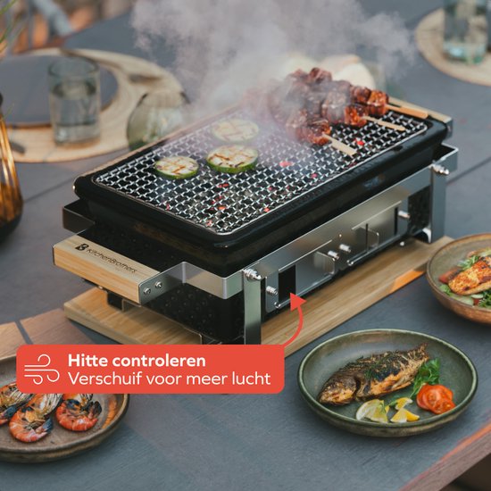 KitchenBrothers Kamado Hibachi Grill - BPA en PFAS Vrij - Met Grillrek en Stokjes - Houtskool Barbecue - Shichirin Tafelgrill - Rechthoekige BBQ - Keramische Barbecue - Zwart van Merkloos — afbeelding 4