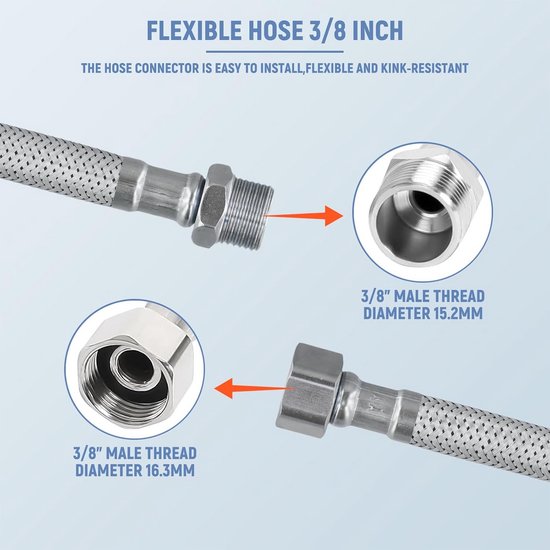 DVGW geteste flexibele slang 3/8 en 1/2 inch, incl. afdichtingen DVGW geteste flexibele slang 3/8 en 1/2 inch, incl. afdichtingen