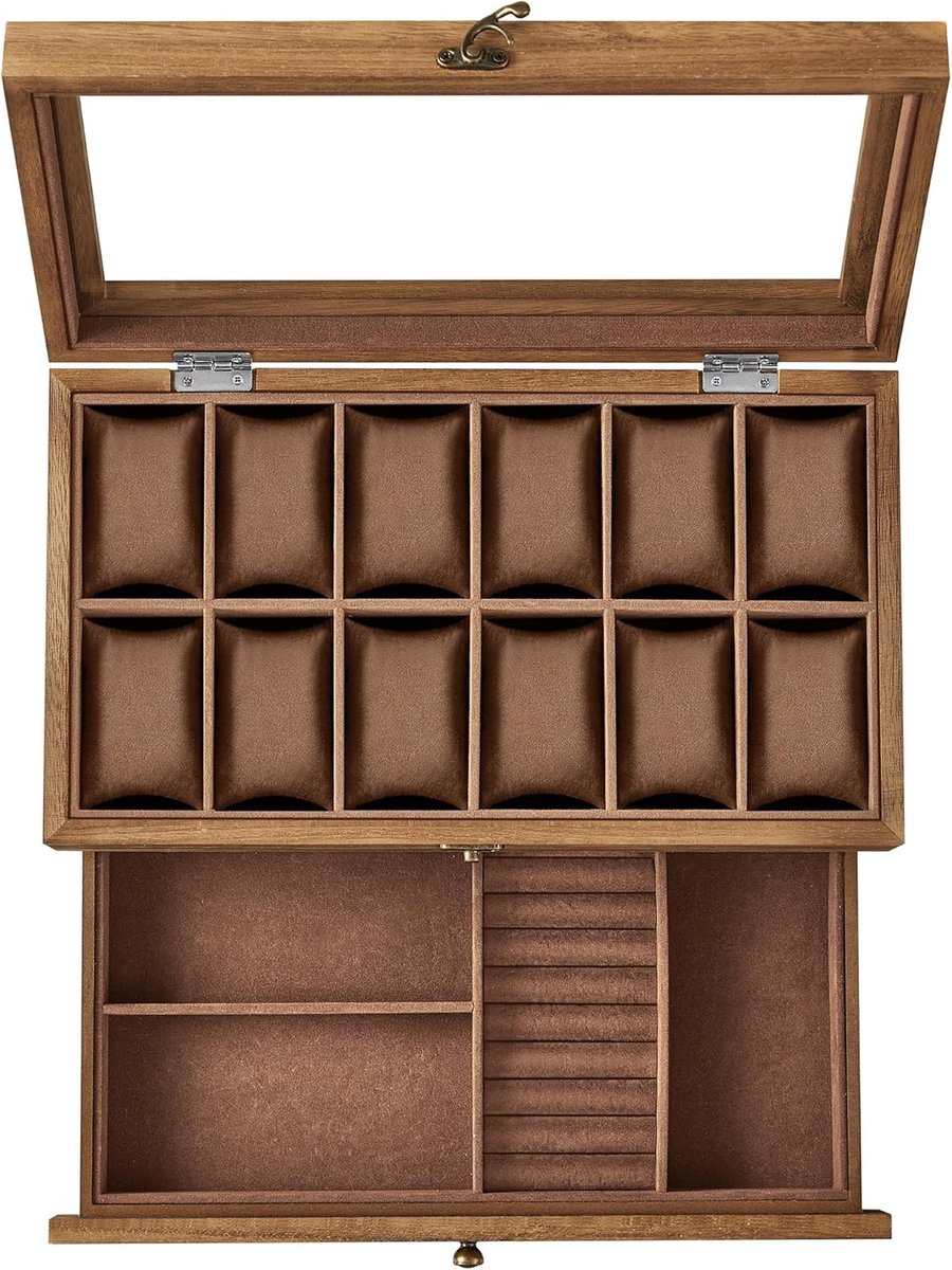 Horlogebox voor 12 Horloges - 2 Laags - Houten Horlogekist met Glasdeksel - Fluwelen Voering - Walnoot Look