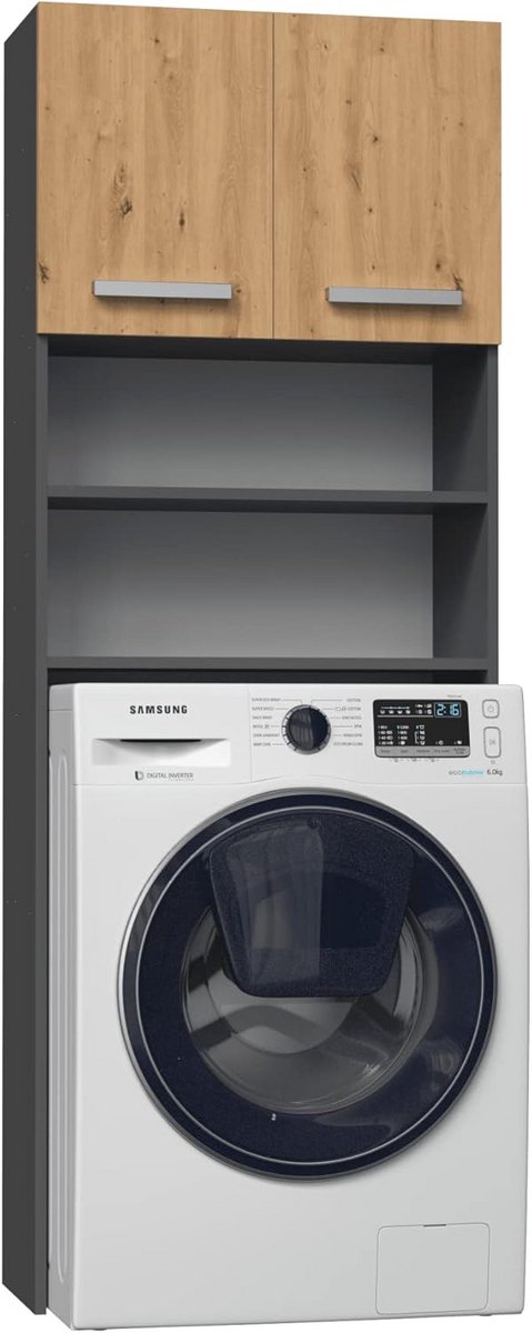 Hoge Badkamerkast Boven Wasmachine - Smal Waskast Meubel - Antraciet/Eiken