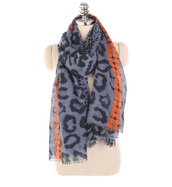 Blauwe dames sjaal met luipaard panter print en oranje stippen - 90 x 180  cm | bol