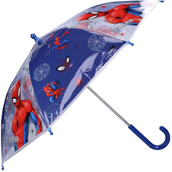 Een open, schuin gehouden Spiderman kinderparaplu, blauw met Spiderman-afbeeldingen en een blauw handvat.