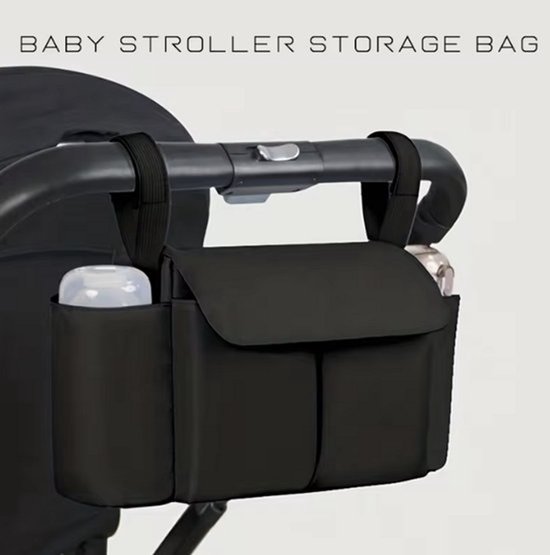 Sac d'organisation noir pour bébé avec porte-biberon, attaché au guidon d'une poussette.