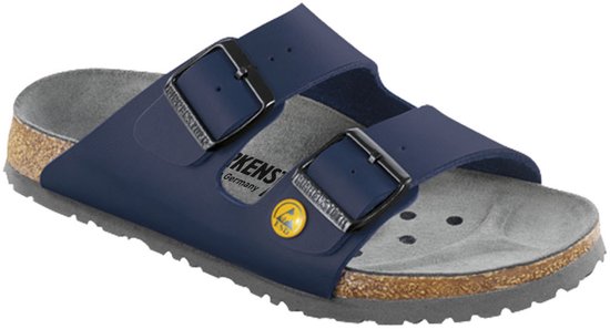 Sandales de travail Birkenstock Arizona ESD bleu foncé avec deux boucles et une semelle en liège.