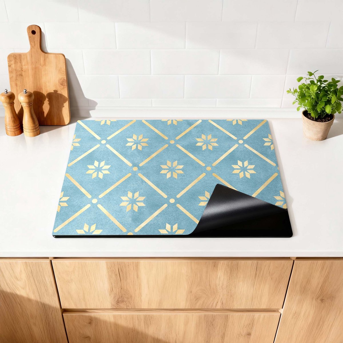 KitchenArt - Starline Blue Tile - Inductie Beschermer - 91.6x52.7 cm - Kookplaat Beschermer - Luxe Afdekplaat Inductieplaat - Anti-slip & Oprolbaar - Beschermmat Inductiekookplaat