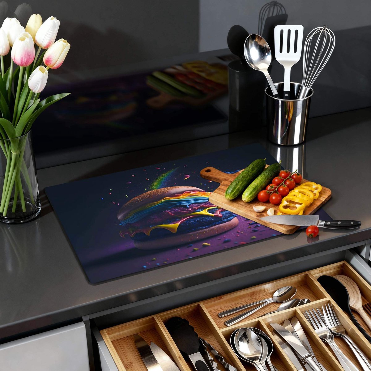 KitchenArt - Space Burger - Inductie Beschermer - 71x52 cm - Kookplaat Beschermer - Luxe Afdekplaat Inductieplaat - Anti-slip & Oprolbaar - Beschermmat Inductiekookplaat