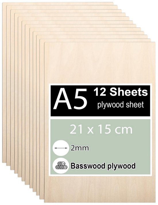 12x Plaques de Multiplex Fines Bois de Tilleul A5 (21x15 cm) - Épaisseur 2 mm pour Bricolage et Hobby