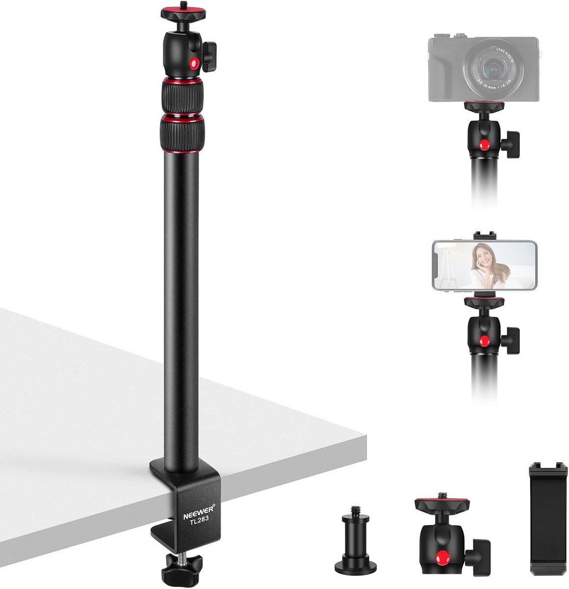 Telescopische Camerabureausteun met 360° Kogelkop en C-Klem