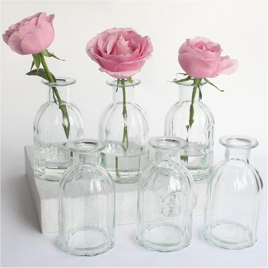 ComSaf Glazen bud vazen set van 6, kleine diamanten knop vazen in bulk, mini bloemen vazen voor tafelstukken, vintage fles voor tafeldecoraties, bruiloft decor, receptie, thuis, (groen