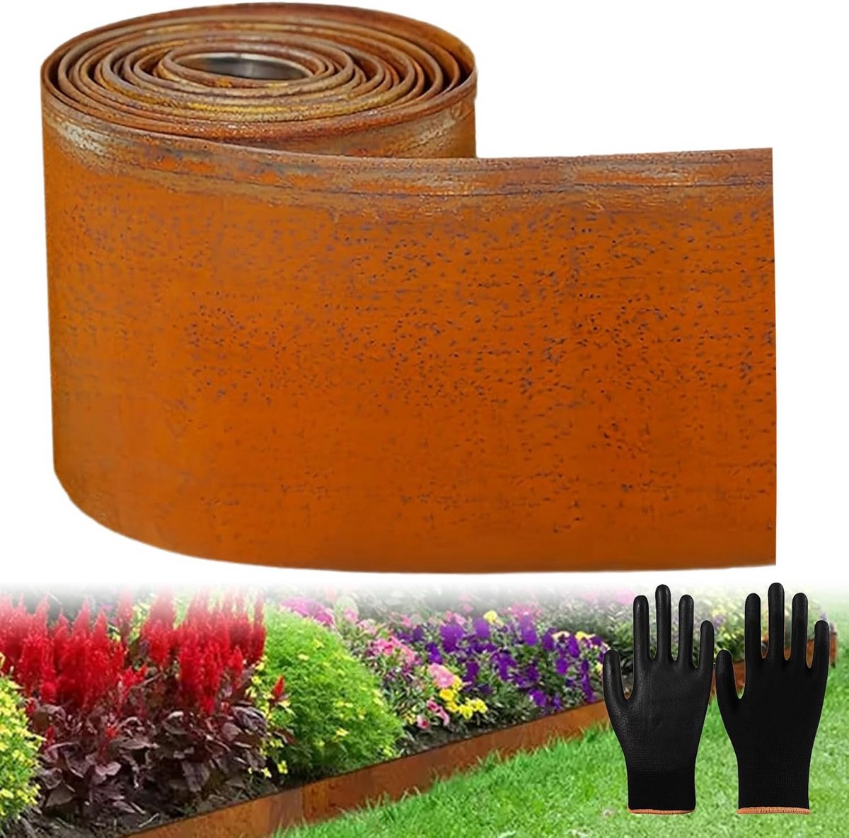 Metalen Gazonrand 10m x 15.5cm - Cortenstaal Look Borderrand voor Tuin en Bloembedden met Handschoenen
