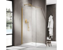 FugaFlow Eccelente Vetro Inloopdouche - 90x200cm - afgeronde glaswand - links - ribbel glas - wandarm - geborsteld messing PVD (Goud)