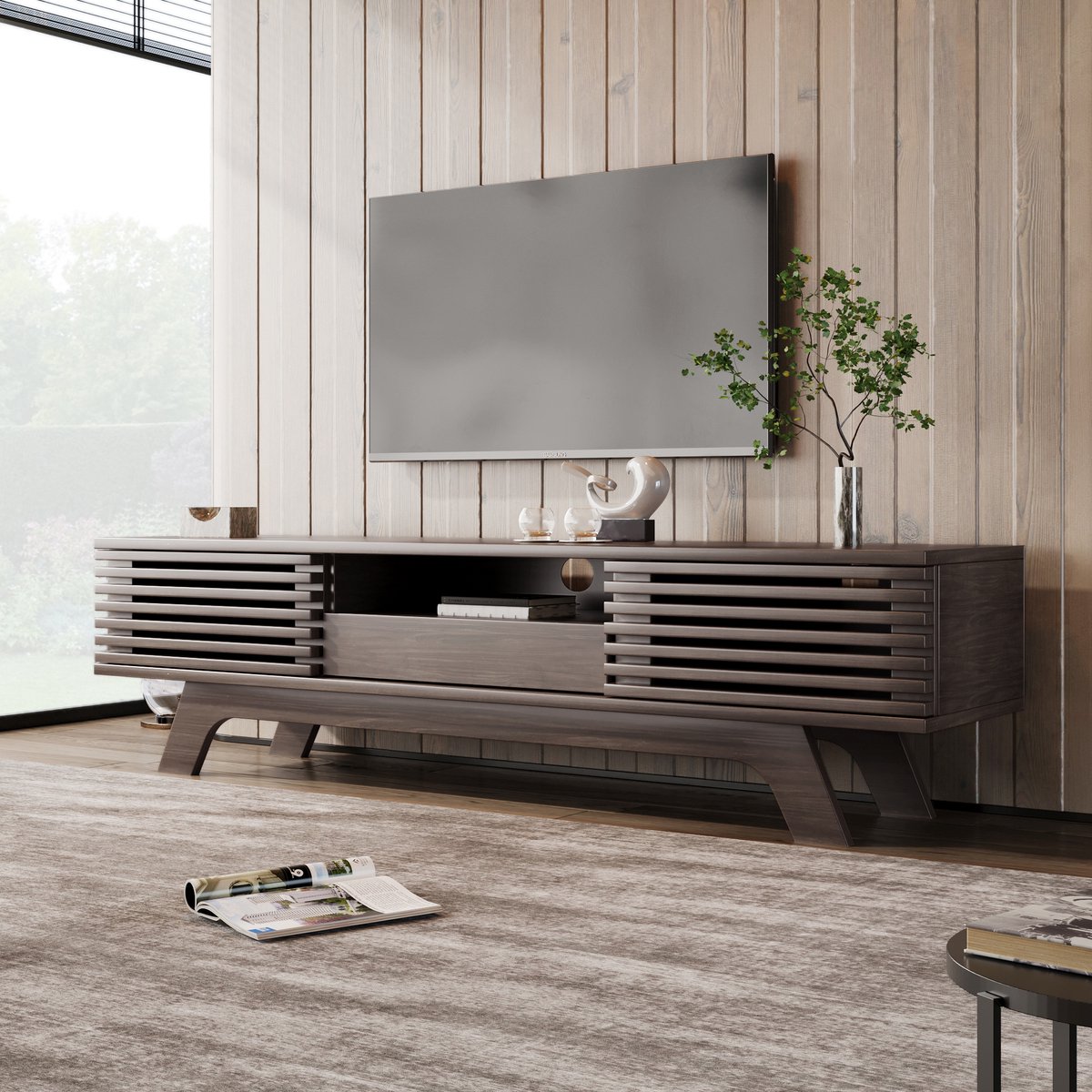 REDOM TV-meubel 150x35x44 cm van spaanplaat in naturel houtkleur, met lade en vintage hout
