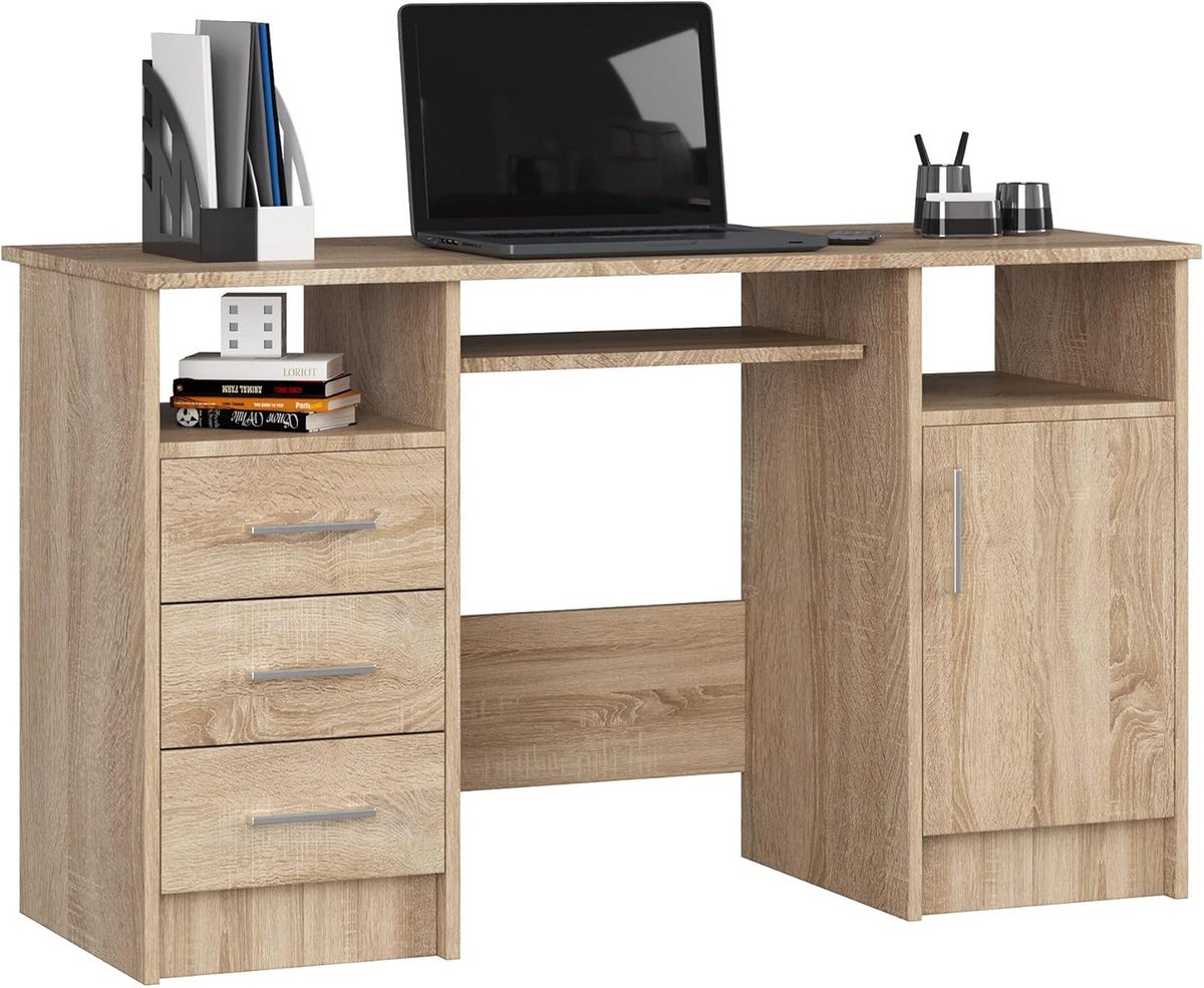 Stevig Bureau met 1 Deur en 3 Laden | Werkplek of Computertafel | 124 cm Breed | Sonoma Eiken Look