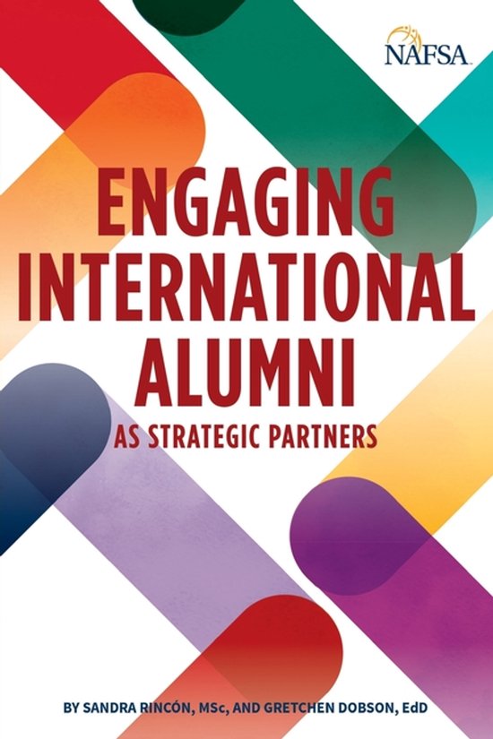 Boek "Engaging International Alumni as Strategic Partners" met kleurrijke, overlappende linten. NAFSA-logo bovenaan.