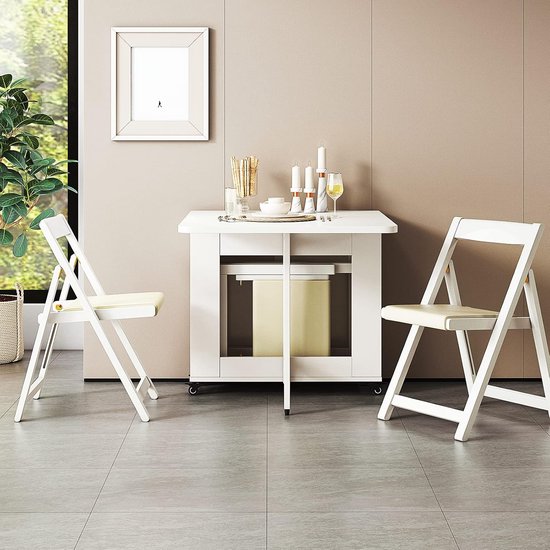 Houten uitschuifbare eettafel met wielen, ruimtebesparende rechthoekige keukentafel voor kleine ruimtes
