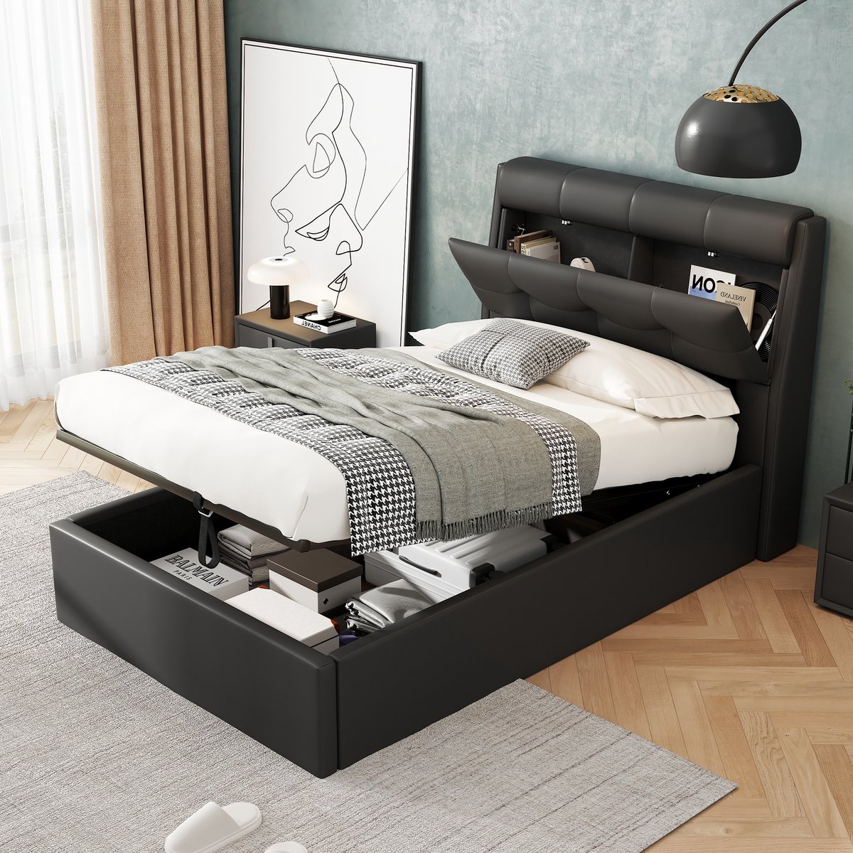 Sweiko Gestoffeerd bed - 90*200 cm - Opbergruimte - PU - Zonder matras - Zwart