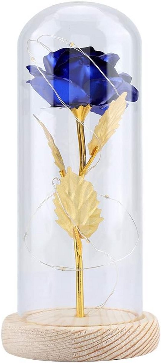 Eeuwige Glazen Dome Roos met LED Licht - Handgemaakt Decoratief Cadeau voor Valentijnsdag en Jubileum (Blauw)