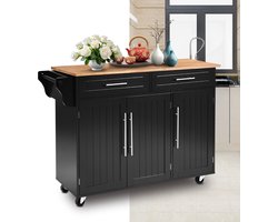Keukeneiland - Verplaatsbaar - Keukenkast - Dressoir - Organizer - Kasten - Houten Werkblad - 2 Deuren - Zwart