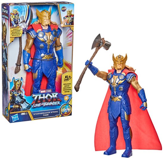 Thor actiefiguur in blauw harnas met gouden accenten, rode cape en Stormbreaker bijl.