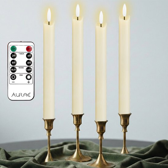 Aurae Led Kaarsen met Afstandsbediening 4x - Dinerkaarsen - 250+ Branduren - op Batterijen - Flikkerende Vlam - Timer - Kerst Kaarsen