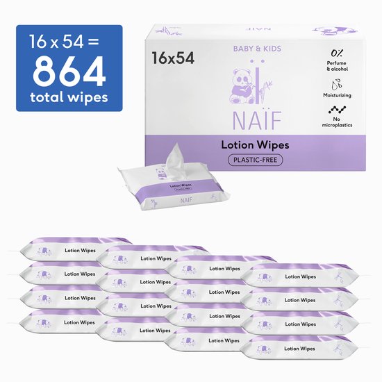 Naïf - Plasticvrije Billendoekjes Lotion - 864 doekjes (16 stuks x 54 doekjes)