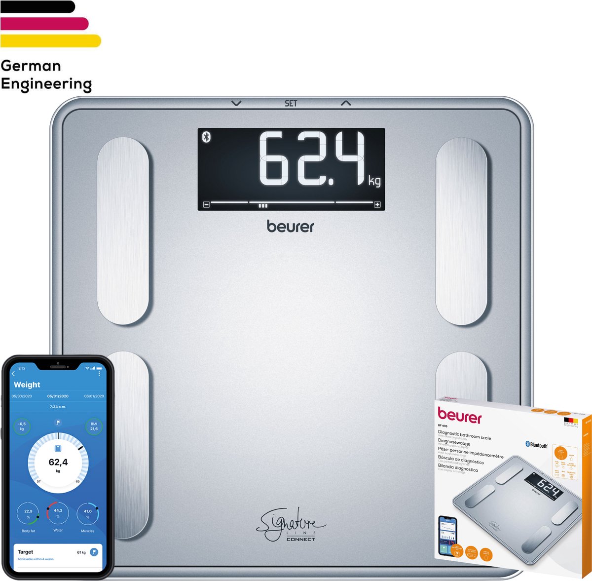 Beurer BF 405 Signature Line Personenweegschaal - Lichaamsanalyse - Tot 200 kg - Bluetooth® - Gratis beurer HealthManager Pro-app - XL display - 8 Gebruikersgeheugen - 5 Activiteitenniveaus - Incl. batterijen - 5 Jaar garantie - Zilver